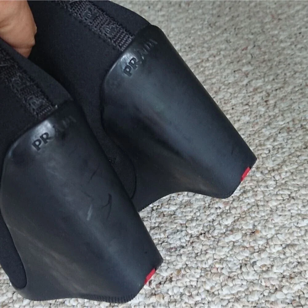 Prada black silk Radzmire fabric sporty knee high wedge boots size 6
